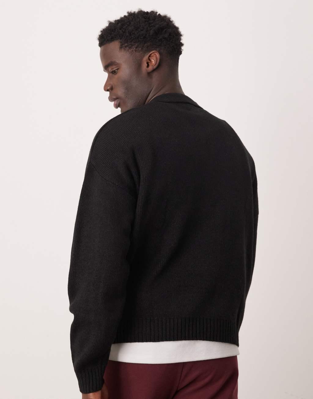 ASOS DESIGN oversized boxy fit knitted polo sweater with quarter zip in black Product Image