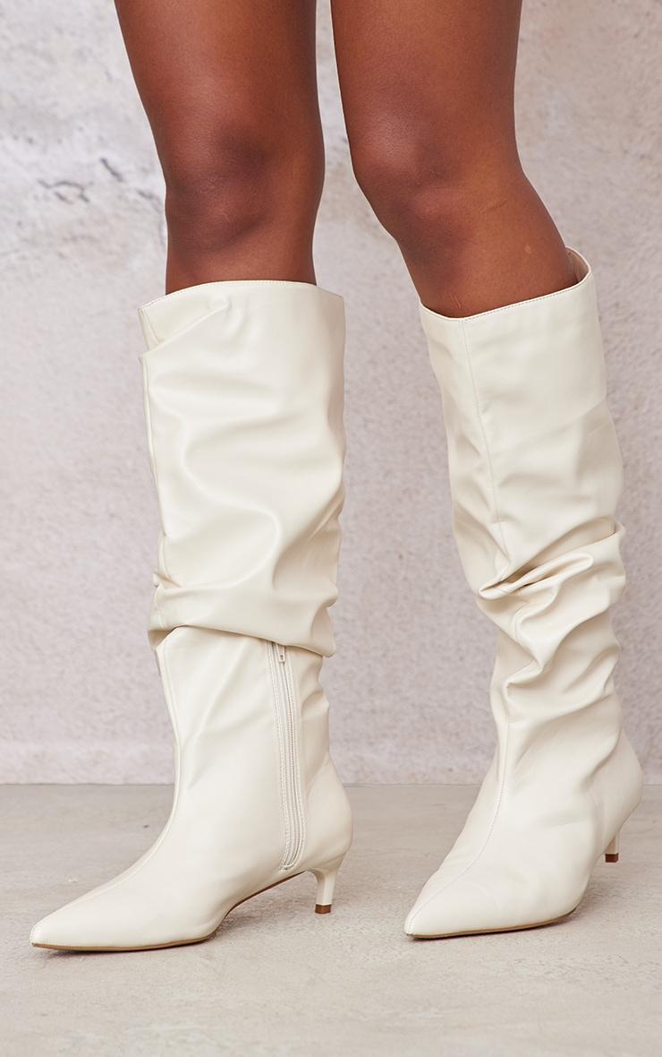 Cream PU Wide Fit Gathered Low Heel Knee High Boots product image