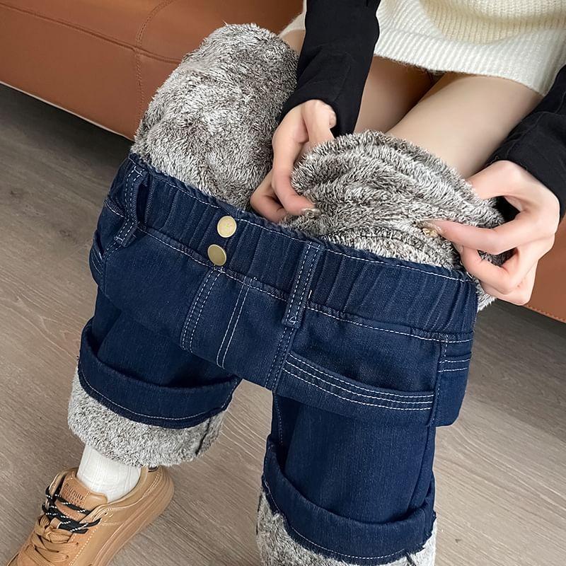 Elastic Waist Washed Fleece-Lined Loose Fit Jeans Product Image