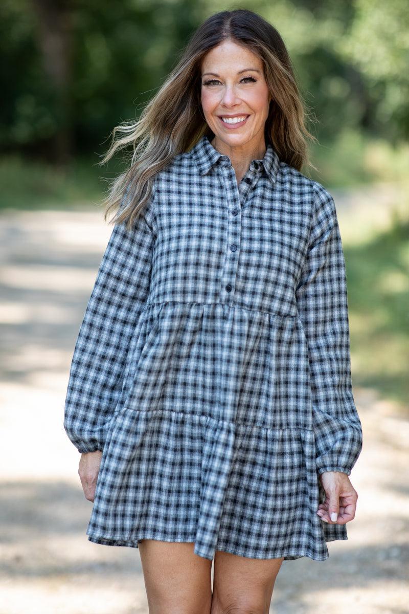 Black and Grey Gingham Long Sleeve Dress Product Image