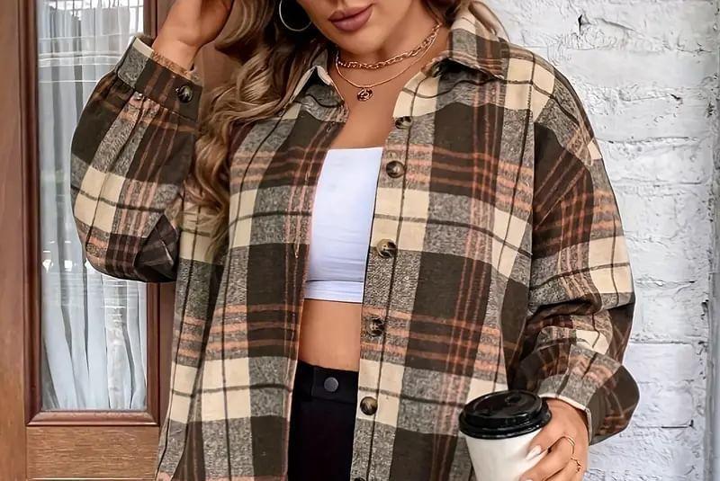 Plus Size Long-Sleeve Plaid Tunic Shirt Product Image