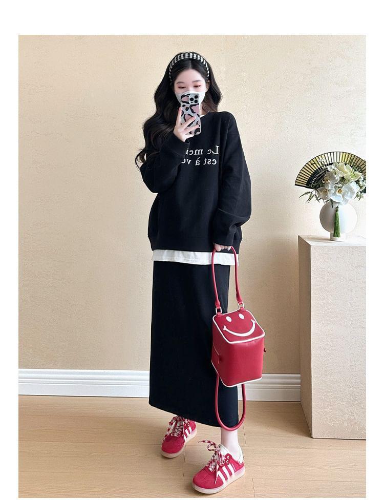 Maternity Set: Crew Neck Lettering Print Pullover + High Rise Plain Midi Straight Skirt Product Image