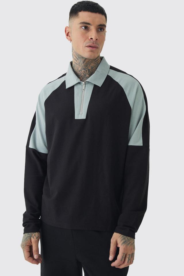 Tall Oversized Long Sleeve Panel Polo in Black | boohooMAN USA Product Image