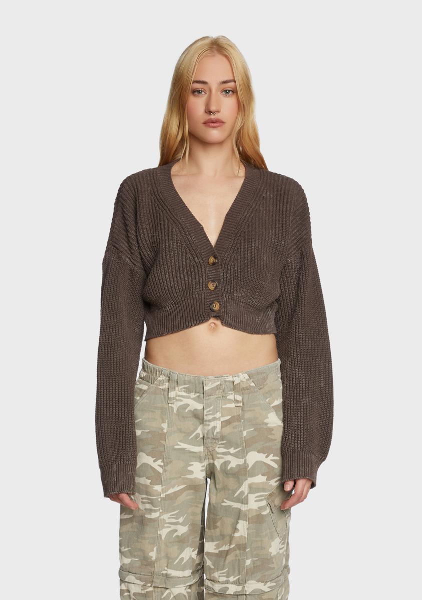 BDG Ribbed Cropped Cardigan - Chocolate Product Image