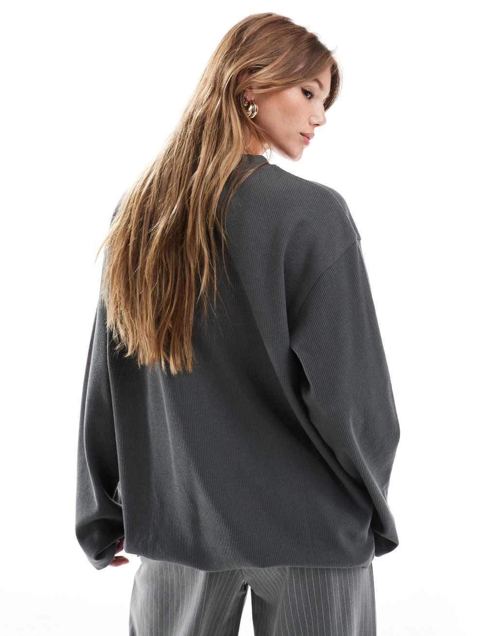 ASOS DESIGN oversized long sleeve t-shirt in waffle charcoal product image