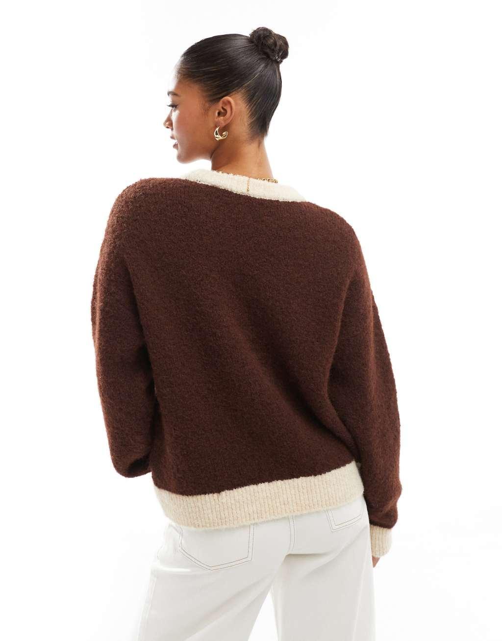 ASOS DESIGN wool blend fluffy knitted sweater in chocolate brown Product Image