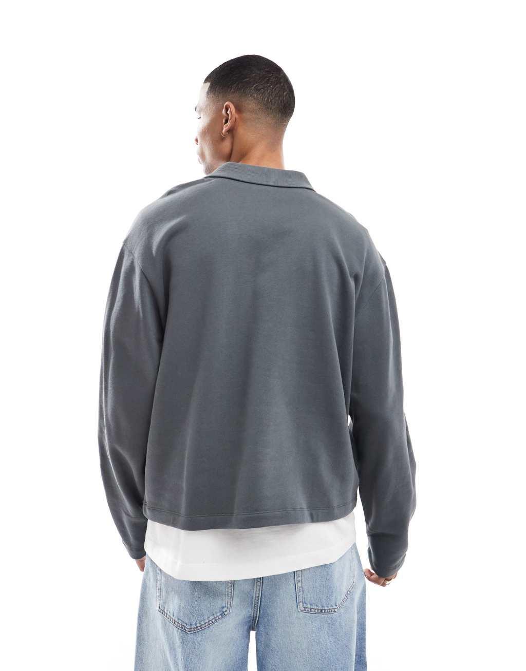 ASOS DESIGN oversized boxy sporty polo sweatshirt in gray Product Image