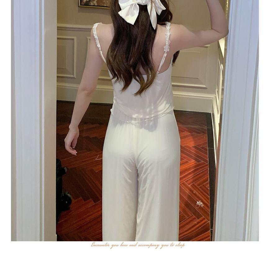 Pajama Set: Plain Lace Trim Camisole Top + Pants + Sheer Robe Product Image