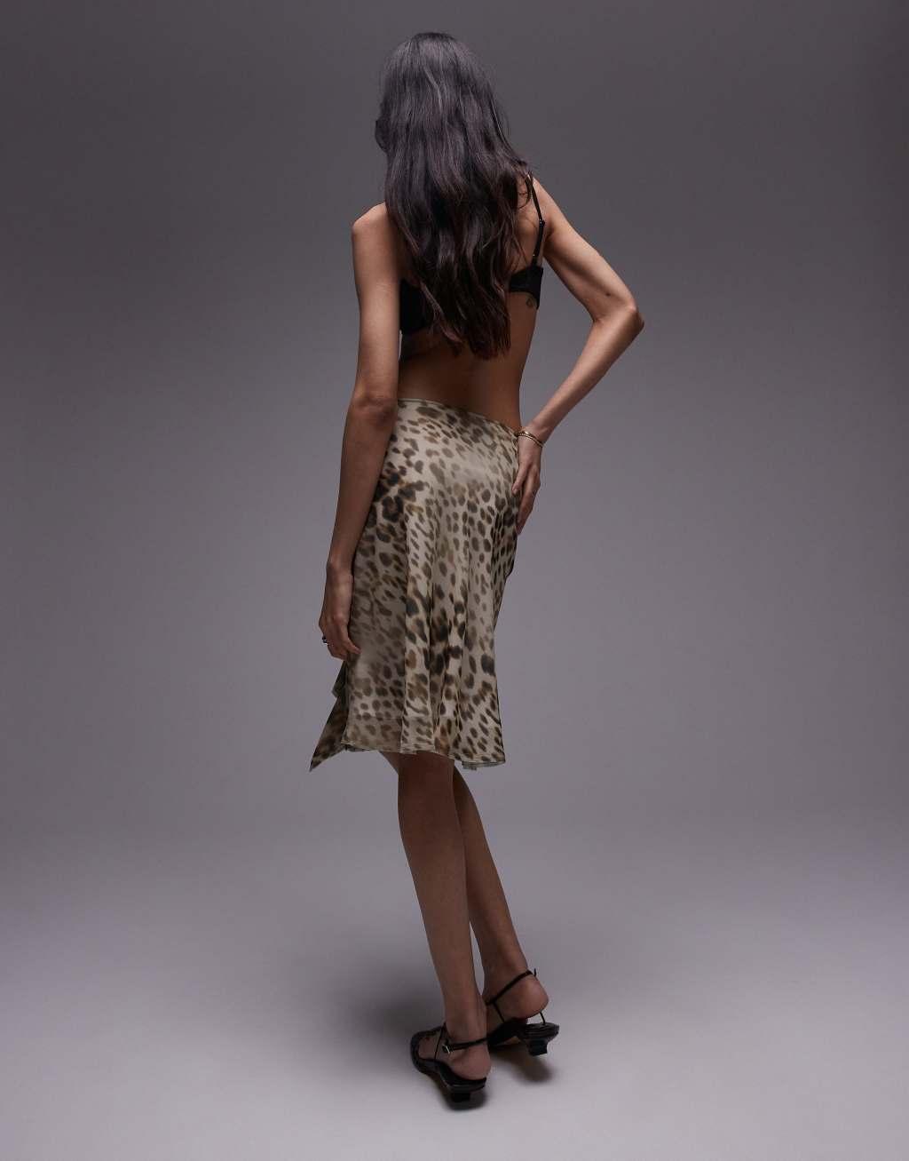 Topshop sheer ruched side ruffle 90's length skirt in leopard print Product Image