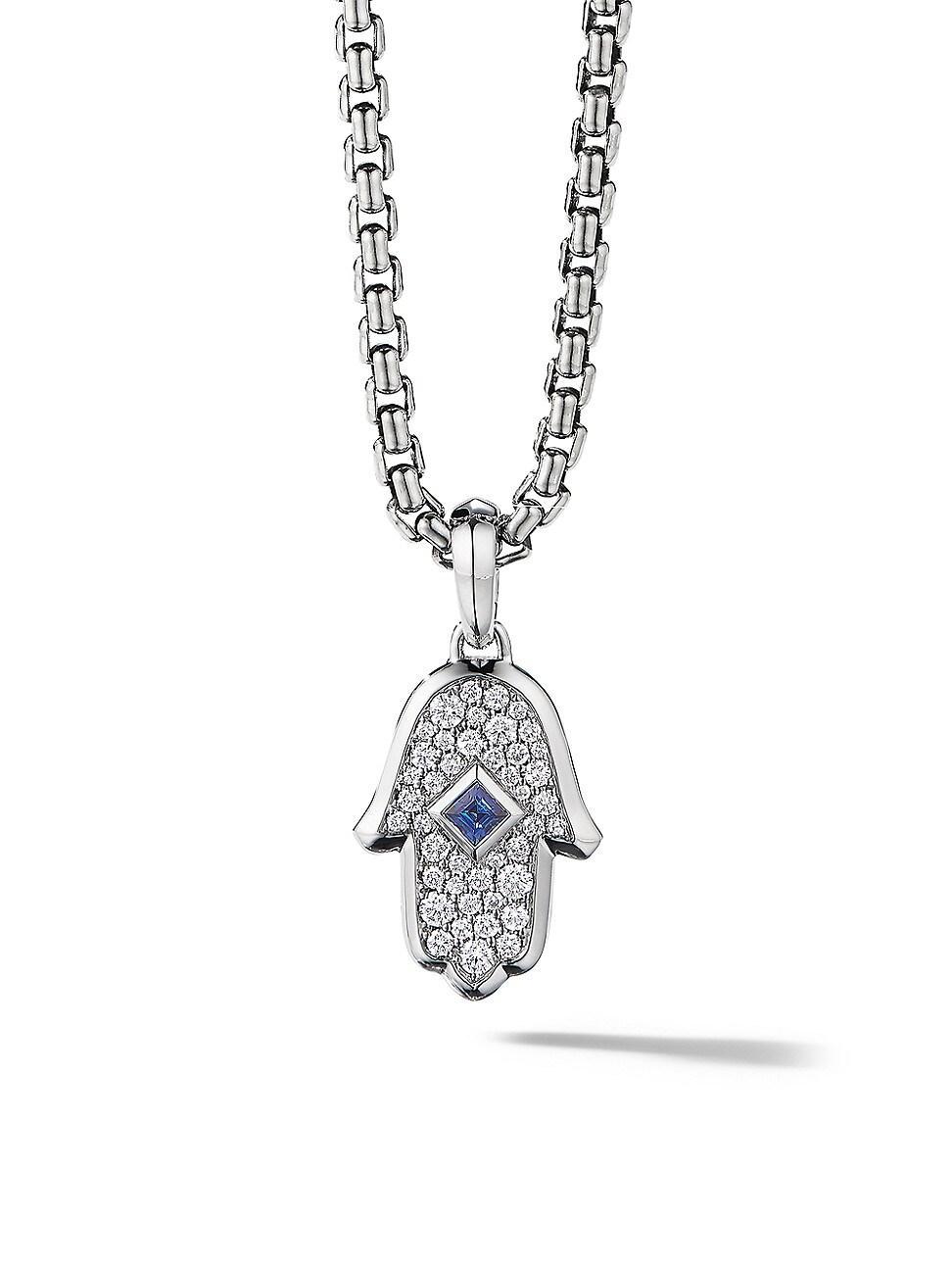 Womens Hamsa Amulet in 18K White Gold with Pav Diamonds and Sapphire, 26MM Product Image