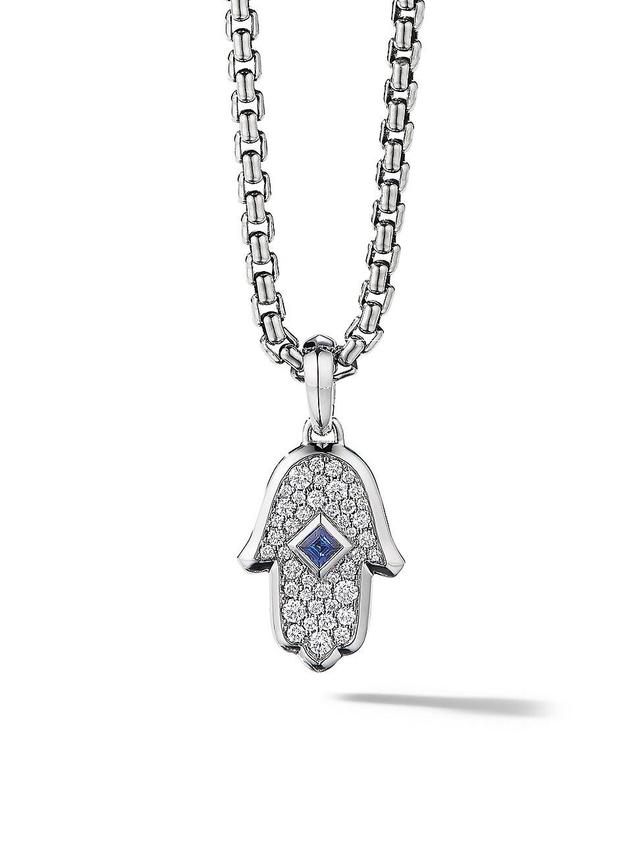 Womens Hamsa Amulet in 18K White Gold with Pav Diamonds and Sapphire, 26MM Product Image