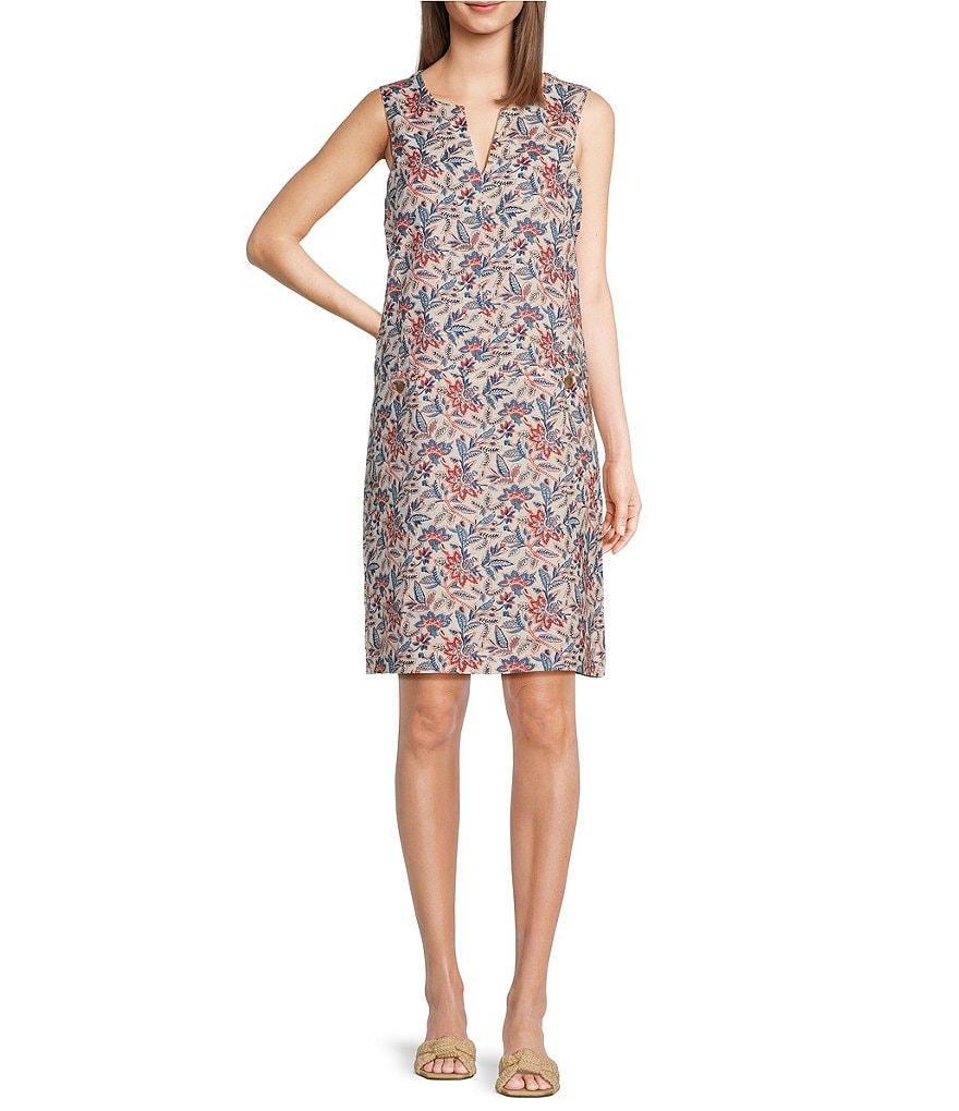 J.McLaughlin Rue Linen Floral Split V-Neck Sleeveless Shift Dress Product Image