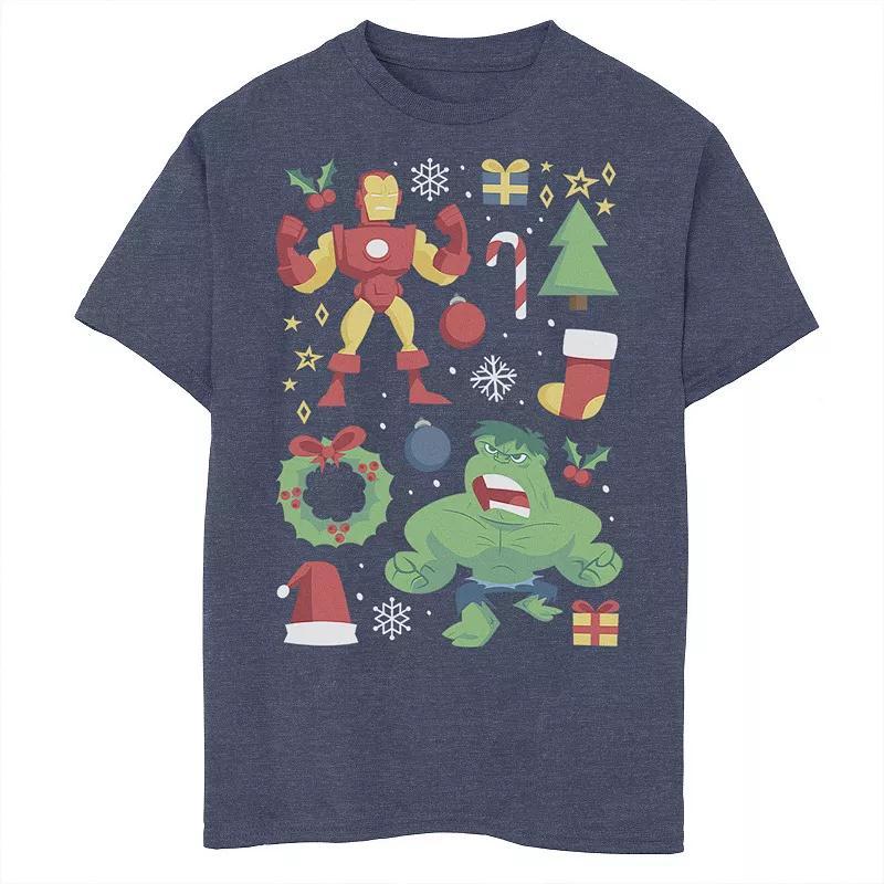 Boys 8-20 Marvel Avengers Iron Man And Hulk Holiday Collage Graphic Tee, Boys Navy Grey Product Image