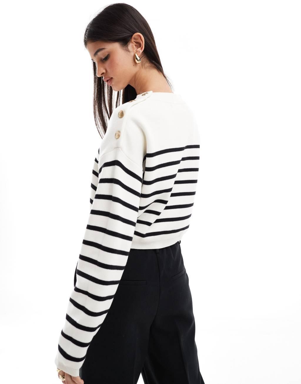 Bershka button detail sweater in ecru & black stripe Product Image