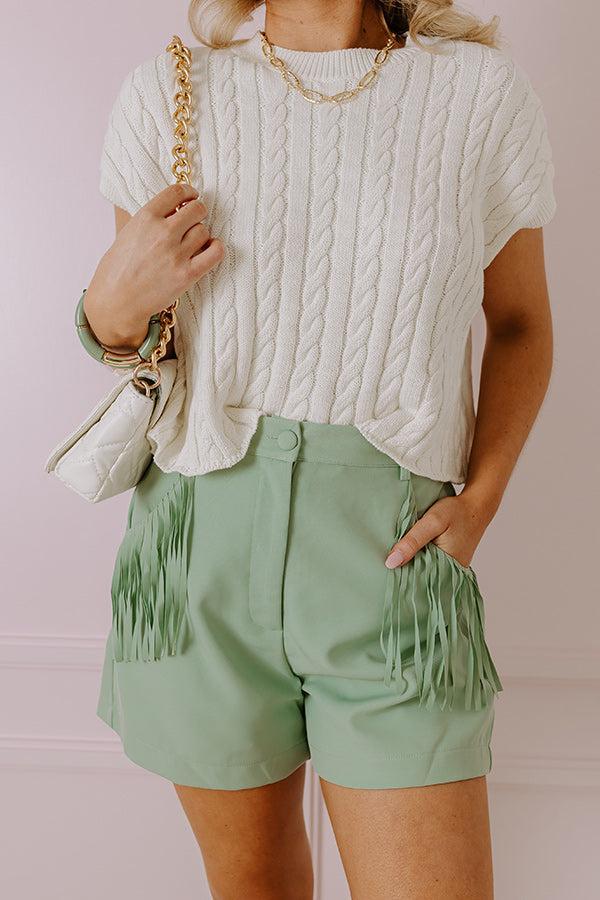 The Queenie High Waist Fringe Shorts in Sea Glass Product Image