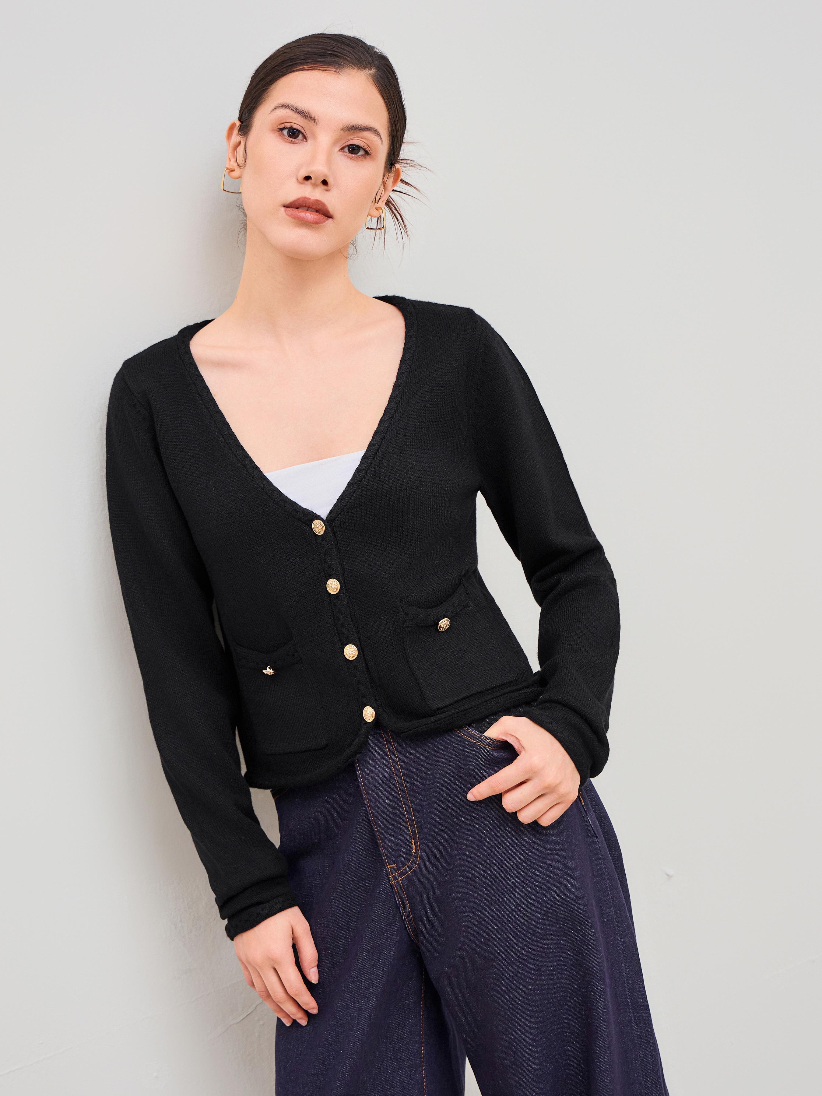 Knitted V-neck Solid Button Cardigan Product Image