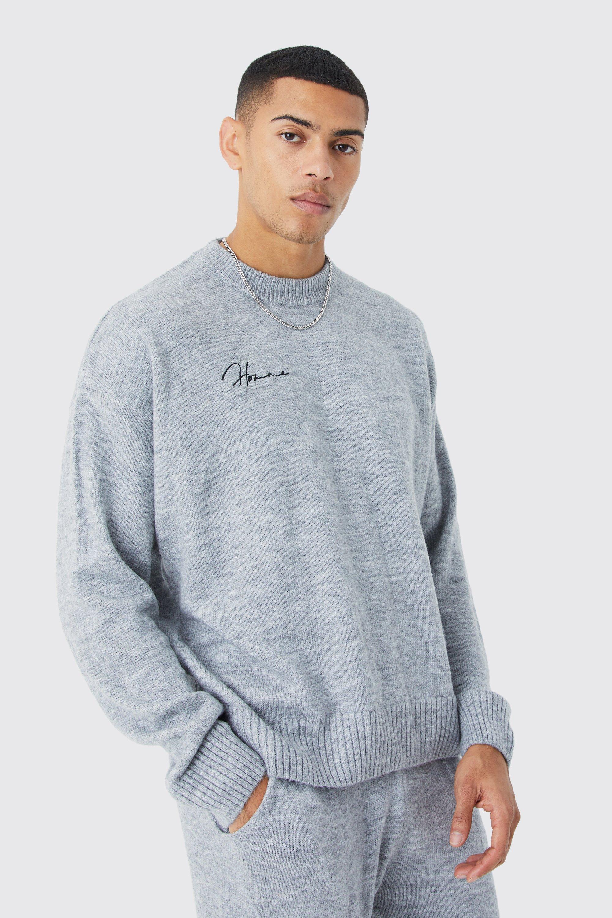 Mens Grey Boxy Homme Extended Neck Brushed Rib Knit Jumper, Grey Product Image