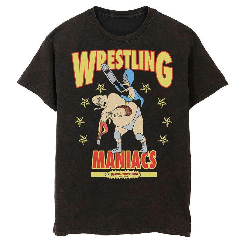 Mens Beavis And Butt-Head Wrestling Maniacs Wash Graphic Tee Product Image