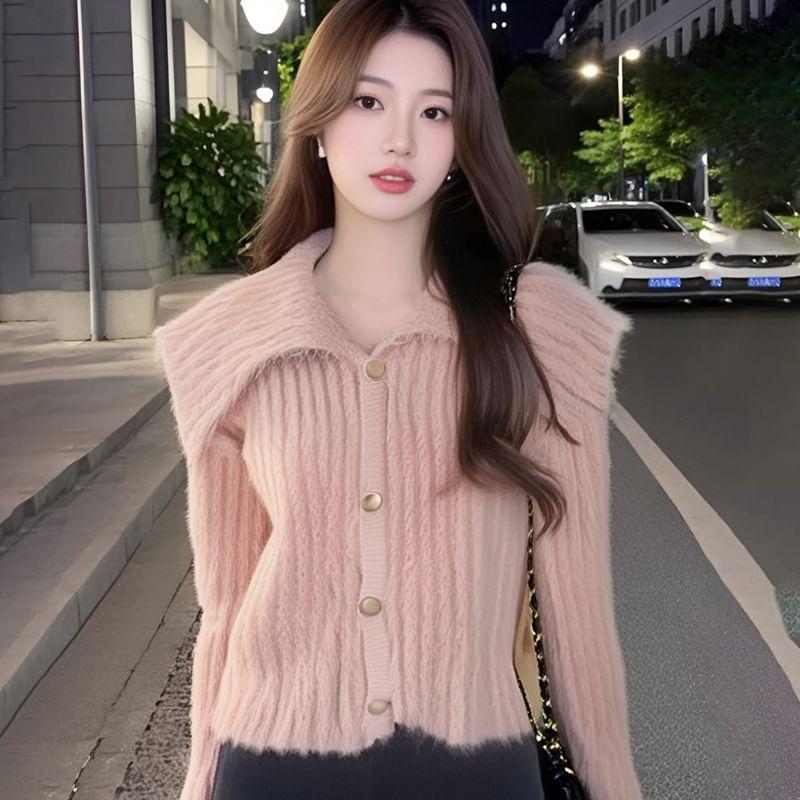 Collar Plain Ribbed Cardigan Product Image