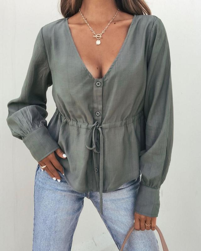 Green Waist Tie Button Down Top Product Image