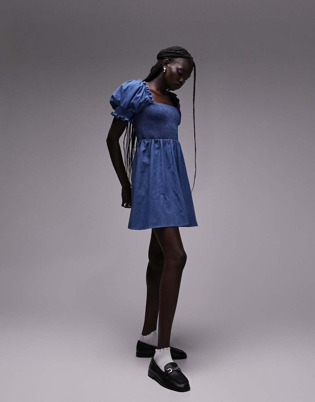 Topshop shirred mini tea dress with puff sleeves in chambray indigo Product Image