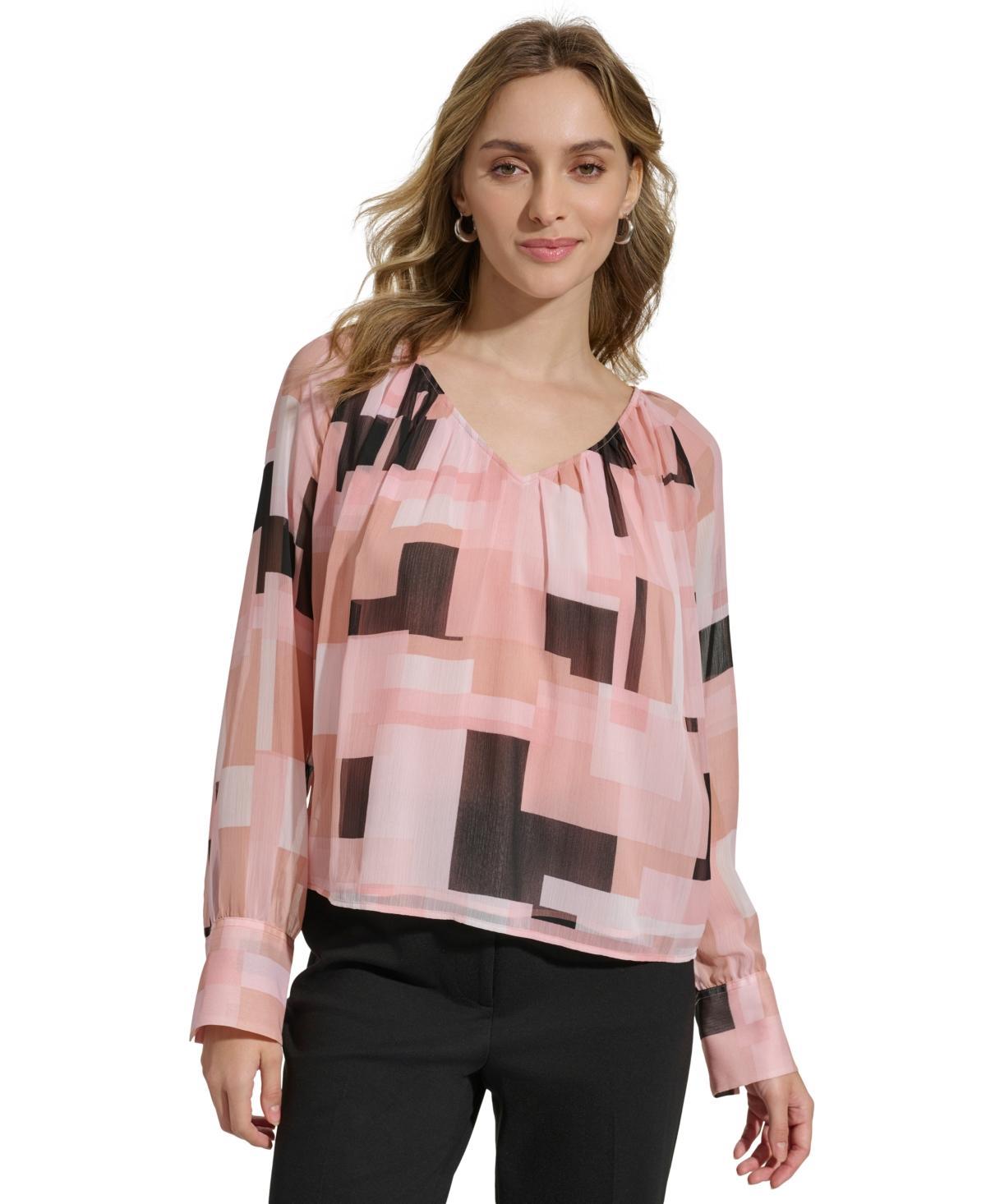 Calvin Klein Womens Printed V-Neck Long-Sleeve Top Product Image