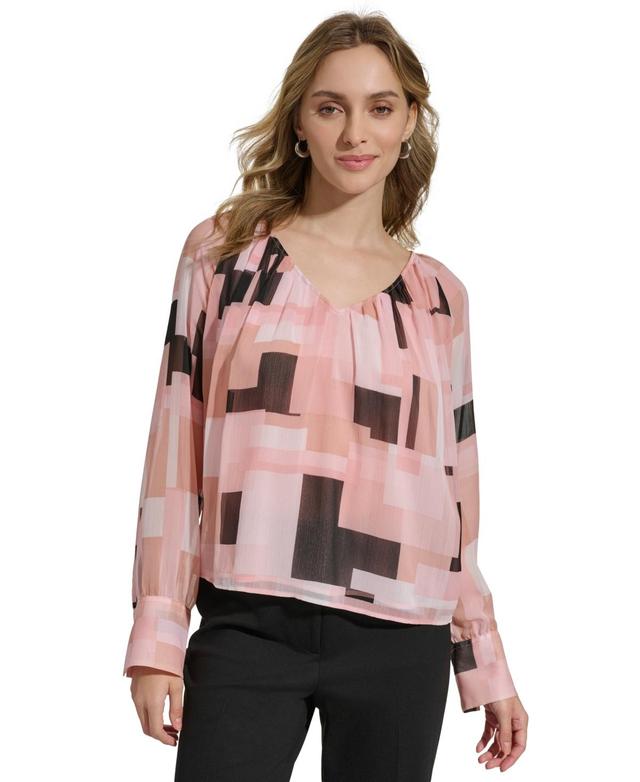 Calvin Klein Womens Printed V-Neck Long-Sleeve Top Product Image