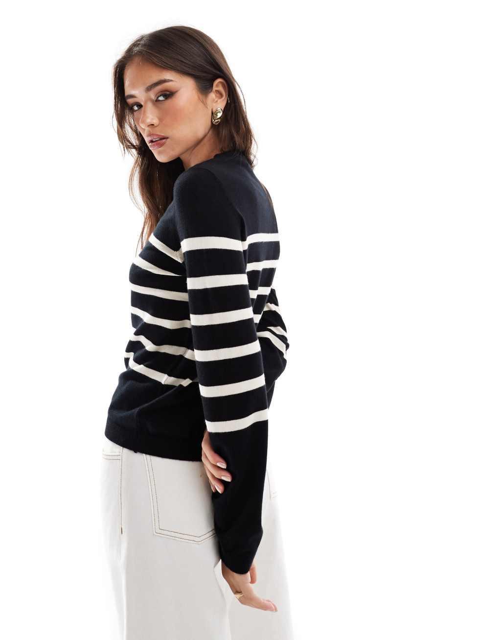 Vero Moda crew neck sweater in black with cream stripes Product Image