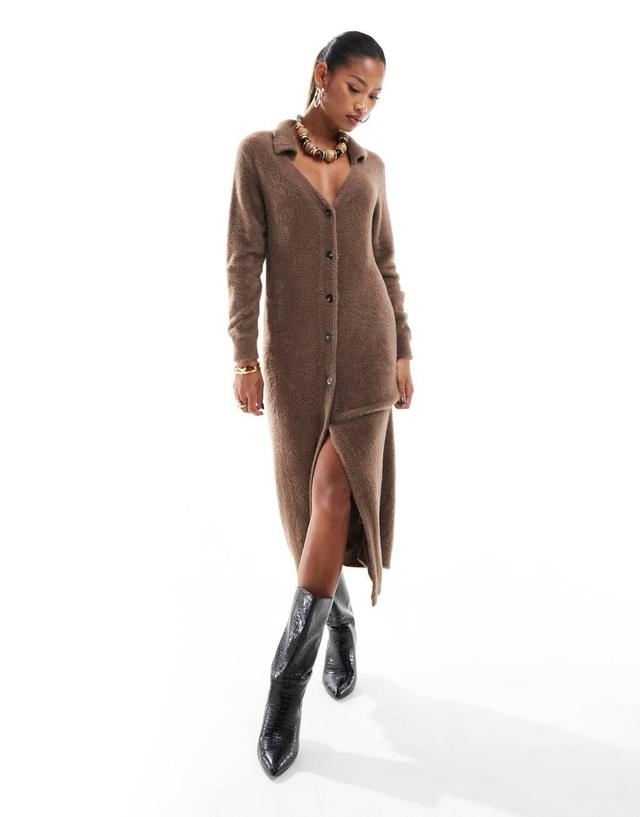 Aria Cove fluffy collar detail knitted maxi cardigan dress in mid brown Product Image