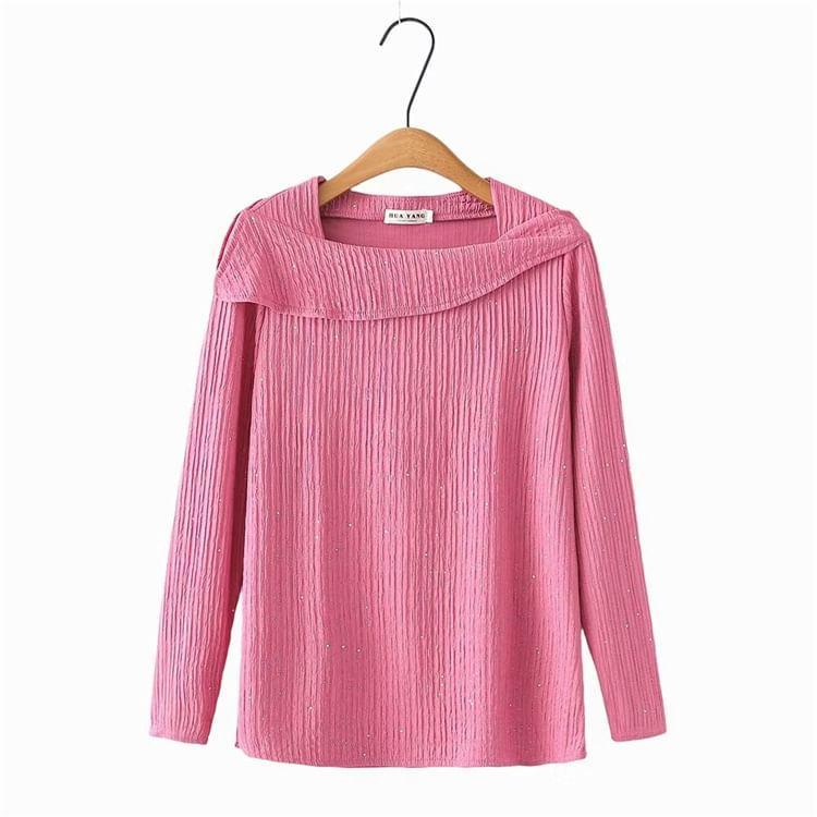 Plus Size Long-Sleeve Asymmetrical Ribbed Plain Top Product Image