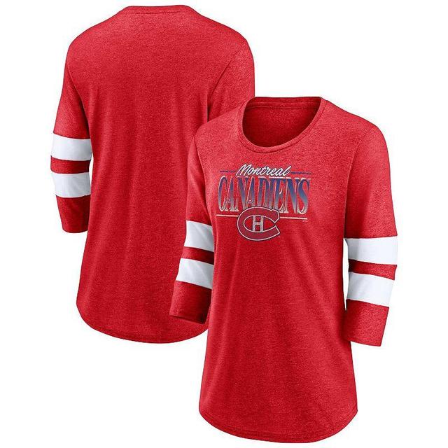 Womens Fanatics Branded Heathered Red/White Montreal Canadiens Full Shield 3/4-Sleeve Tri-Blend Raglan Scoop Neck T-Shirt Product Image