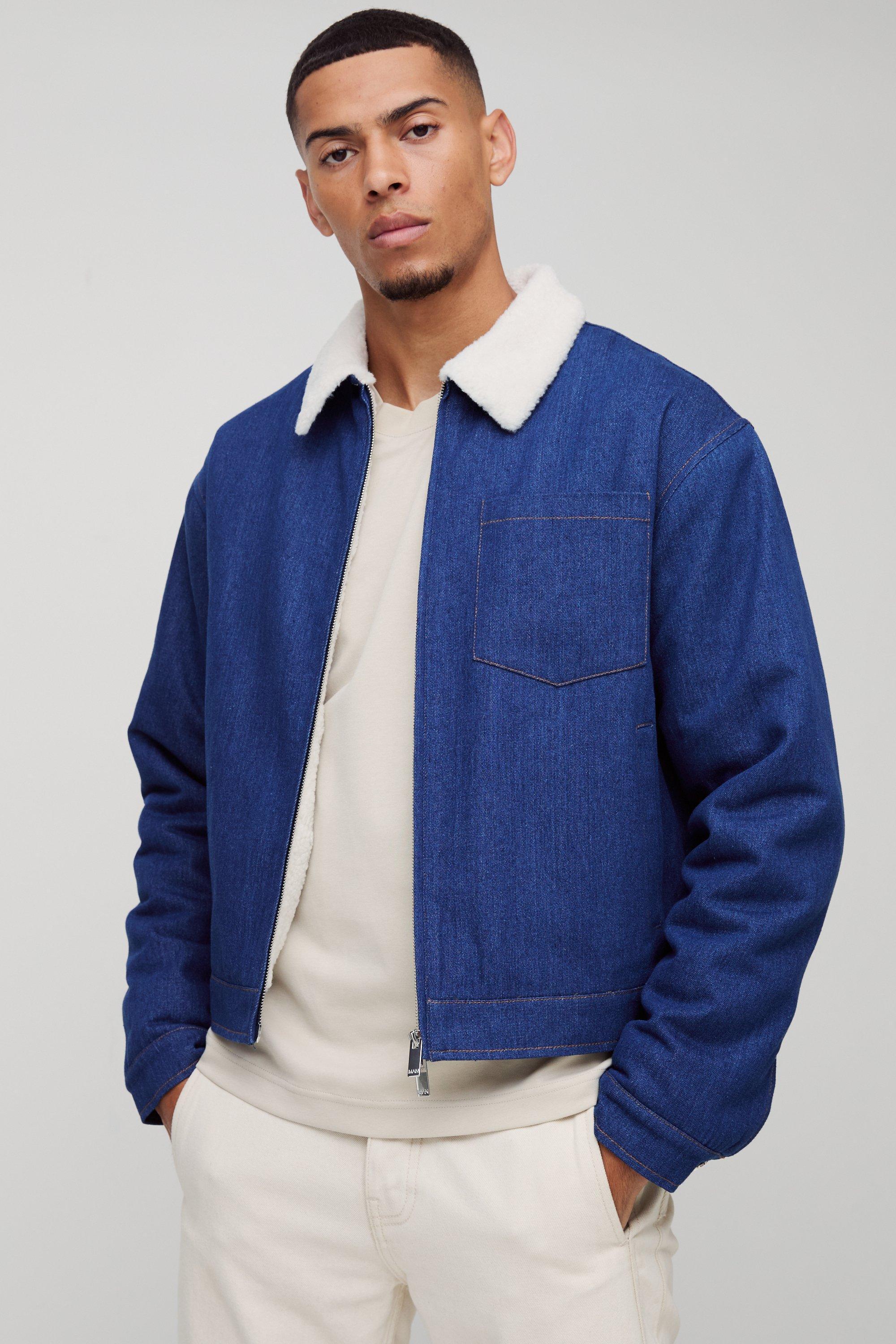 Relaxed Cropped Borg Lined Zip Aviator Denim Jacket | boohooMAN USA Product Image