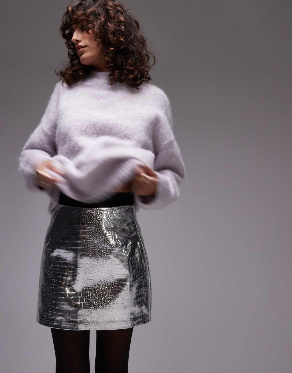 Topshop faux leather editor pelmet skirt in silver snake Product Image