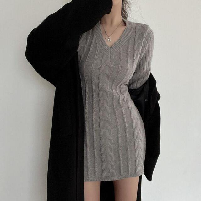 V-Neck Plain Cable Knit Mini A-Line Sweater Dress Product Image