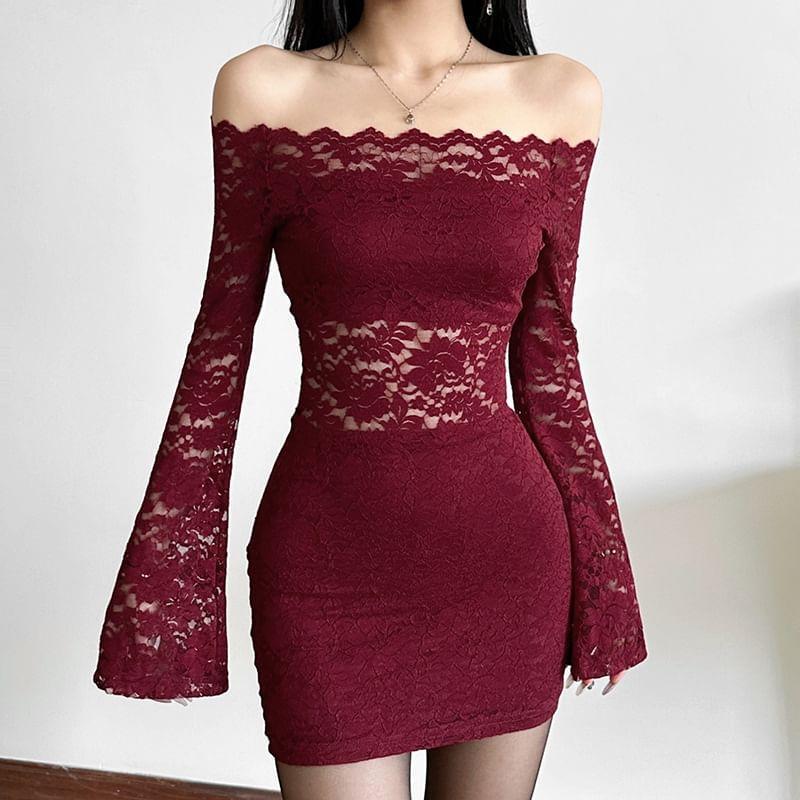 Off-The-Shoulder Long Sleeve Lace Bodycon Mini Dress Product Image