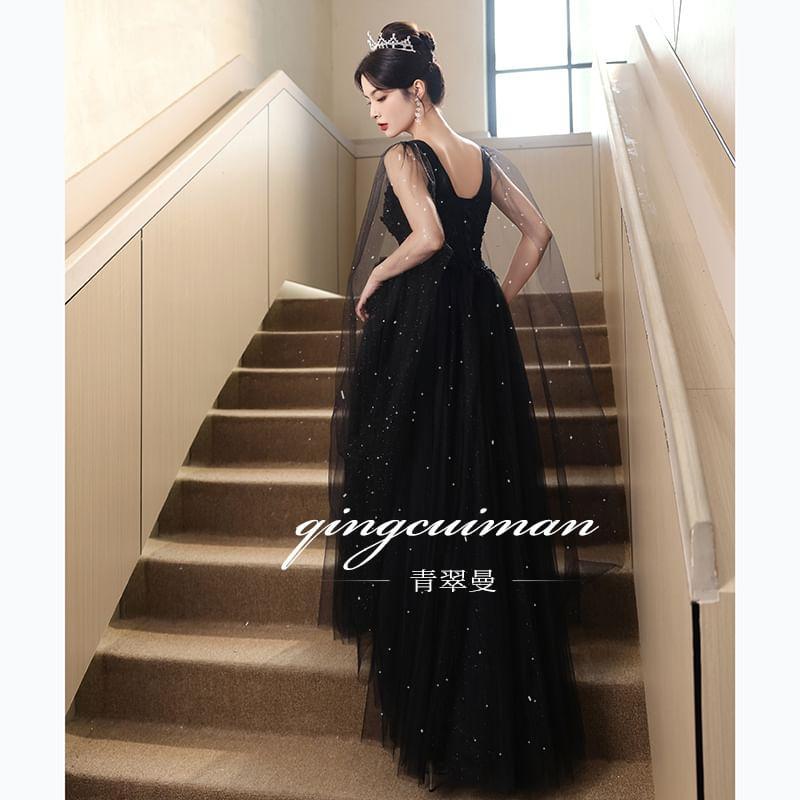 Sleeveless V-Neck Mesh Panel Floral Accent Sequin A-Line Evening Gown Product Image