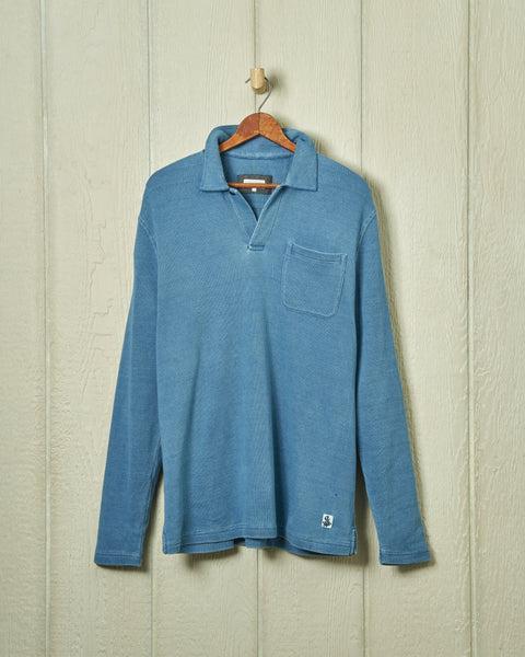 Long Sleeve Indigo Polo in Solid Waffle Knit Product Image