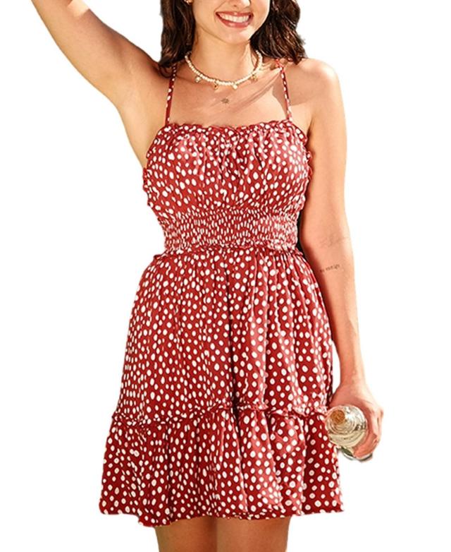 Cupshe Womens Red Sleeveless Square Neck Polka Dot Mini Beach Dress Product Image