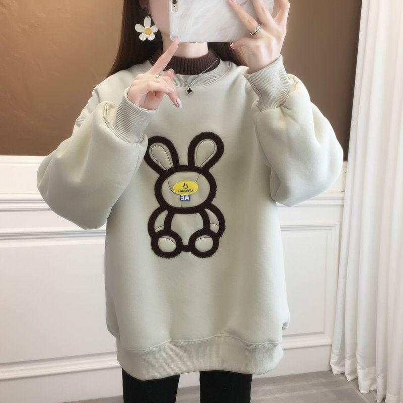 Mock Neck Bear Rabbit Patterned Fleece Pullover Product Image