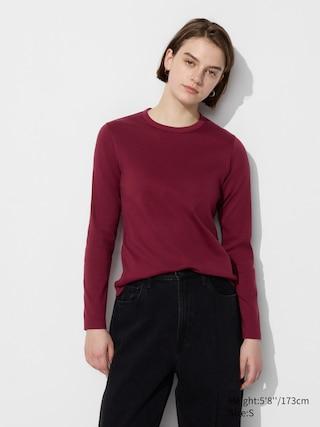 Womens Smooth Stretch Cotton Crew Neck T-Shirt Long Sleeve Wine Medium UNIQLO US Product Image