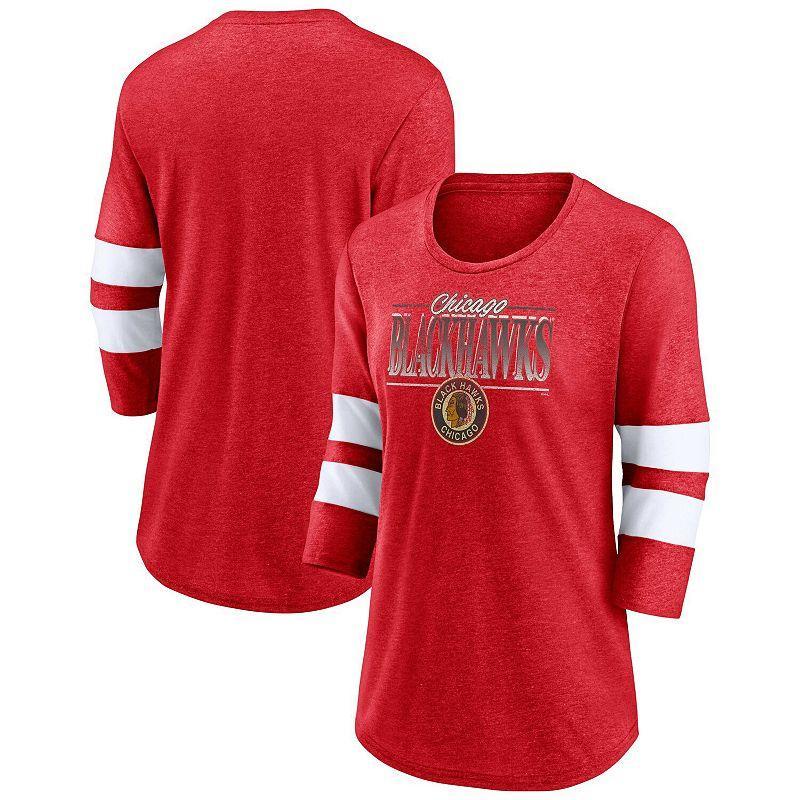 Womens Fanatics Heathered Red Distressed Chicago Blackhawks Full Shield 3/4-Sleeve Tri-Blend Raglan Scoop Neck T-shirt - Heathered Red Product Image