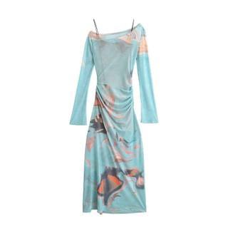 Set: Long Sleeve One Shoulder Patterned Print Ruched Mesh Maxi A-Line Dress + Slip Dress Product Image