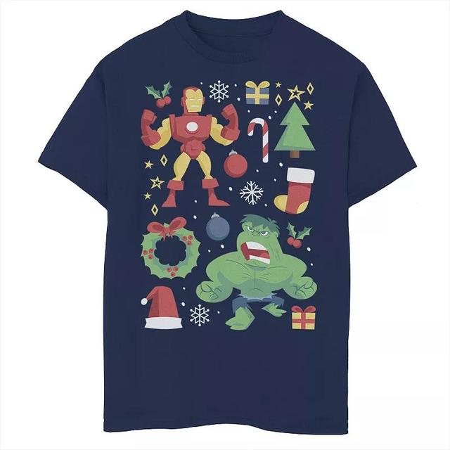 Boys 8-20 Marvel Avengers Iron Man And Hulk Holiday Collage Graphic Tee, Boys Navy Grey Product Image