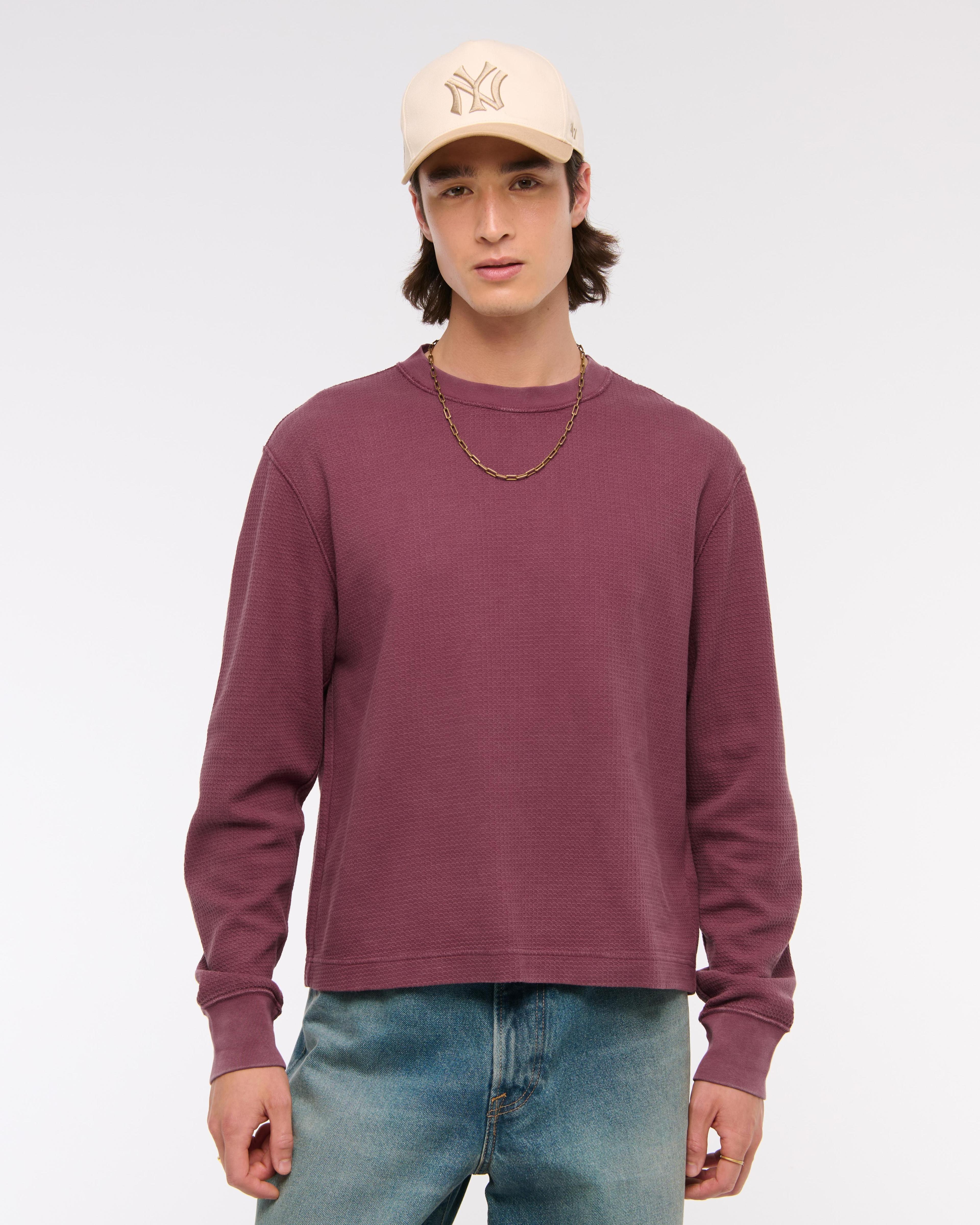 Long-Sleeve Grid Waffle Cropped Tee Product Image