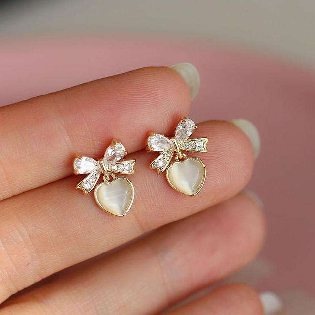 Bow Rhinestone Heart Faux Cat Eye Stone Alloy Drop Earring Product Image