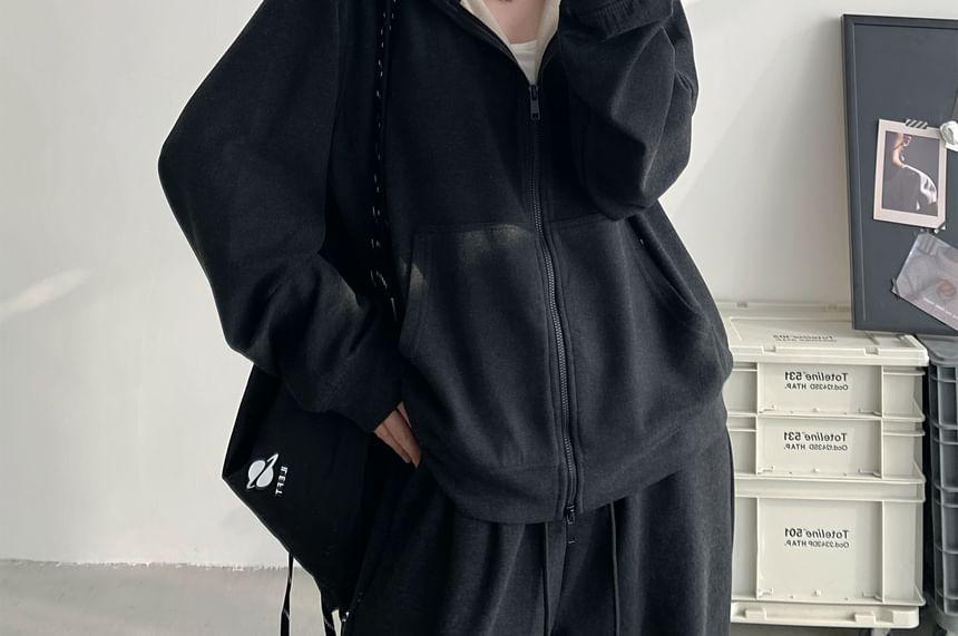 Plain Zip Hoodie / Drawstring Waist Wide Leg Sweatpants Product Image