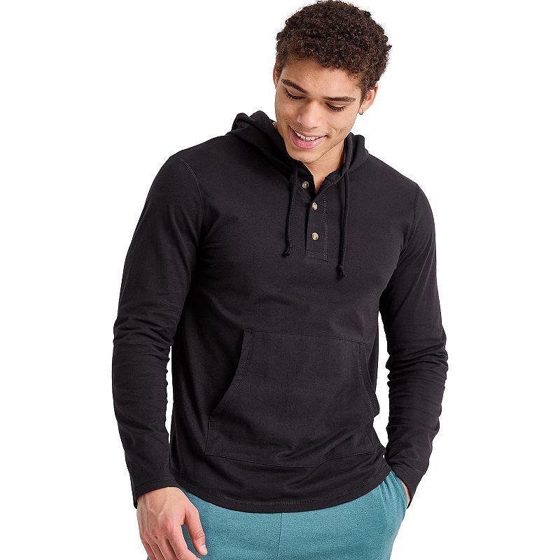 Mens Hanes Originals Cotton Henley Hoodie Blue Product Image