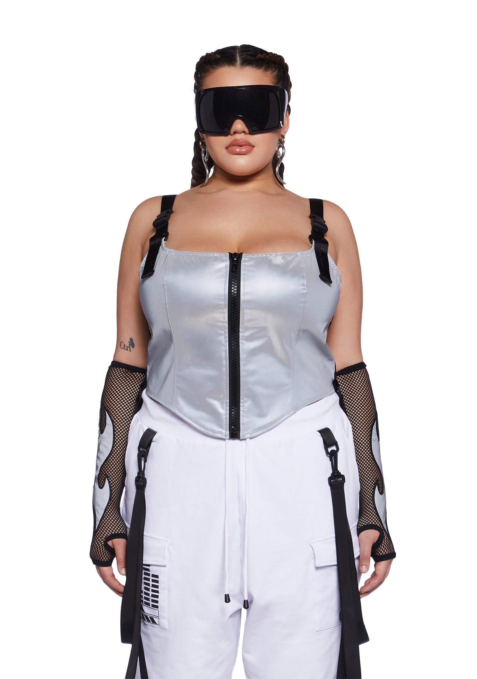 Plus Size Club Exx Reflective Corset Top With Buckle Straps - Silver Product Image