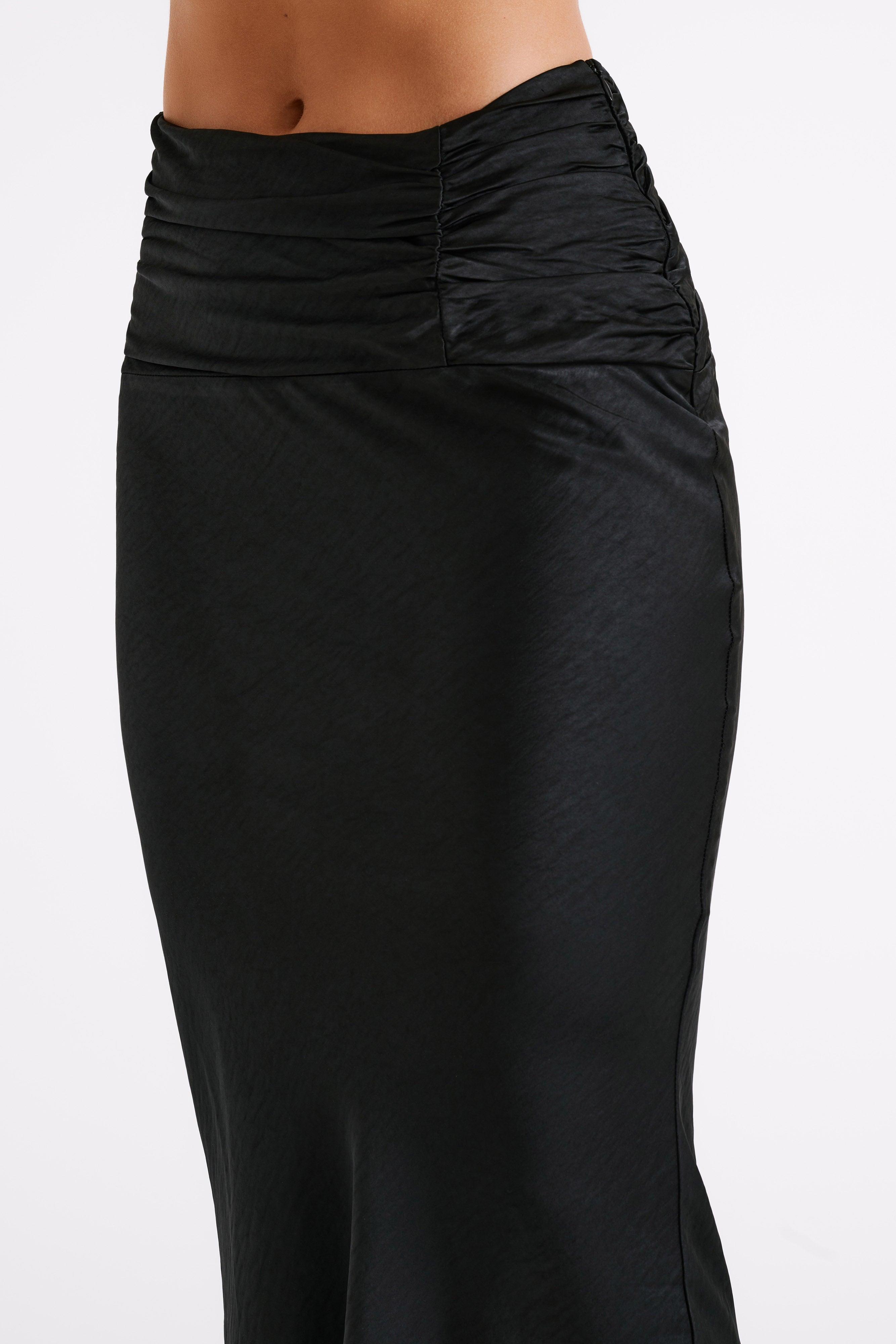 Khalani Ruched Satin Maxi Skirt - Black Product Image