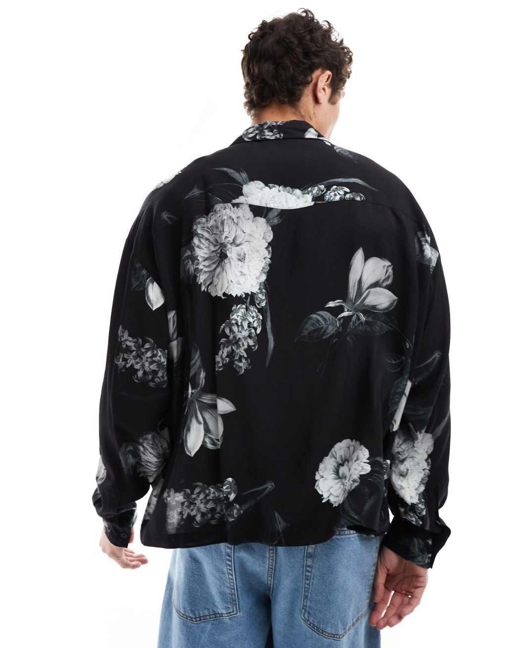 ASOS DESIGN boxy oversized shirt with floral print in black  Product Image